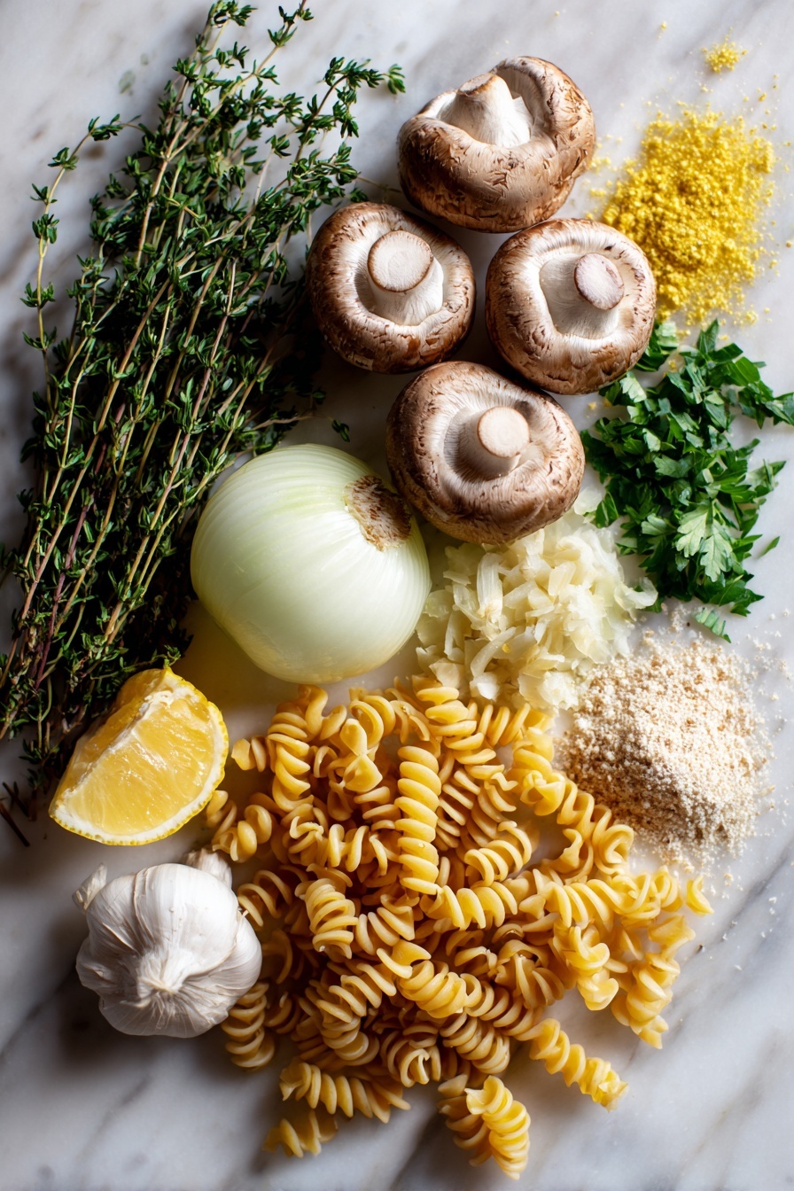 Vegan Mushroom Stroganoff - Flat lay of a bundle of fresh thyme sprigs with delicate green leaves, a handful of smooth brown cremini mushrooms sliced to show their creamy white interiors, a small pile of finely minced garlic cloves gleaming white with hints of translucence, half a medium yellow onion sliced thin revealing its pale golden layers, a few bright green parsley leaves scattered lightly, a wedge of lemon yellow Dijon mustard, a small mound of off-white nutritional yeast flakes with a light, flaky texture, and a cluster of uncooked rotini pasta spirals in a warm golden hue, all carefully spread out with natural spacing and gentle overlapping, placed on white marbled surface, photo taken with an iphone --ar 2:3 --v 7
