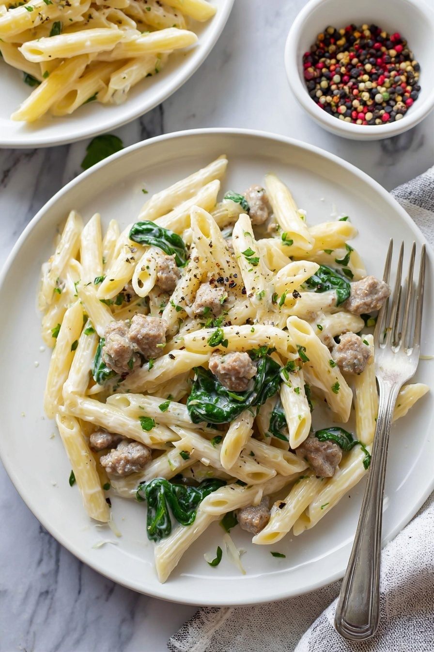 creamy sausage pasta - A large silver pan filled with creamy penne pasta mixed with small pieces of light brown sausage and green spinach leaves scattered evenly throughout, topped with sprinkles of chopped parsley and black pepper. A wooden spoon rests inside the pan, with its handle leaning on the edge. The pan sits on a white marbled surface, next to a small white bowl filled with mixed peppercorns and a striped black and white cloth. photo taken with an iphone --ar 2:3 --v 7
