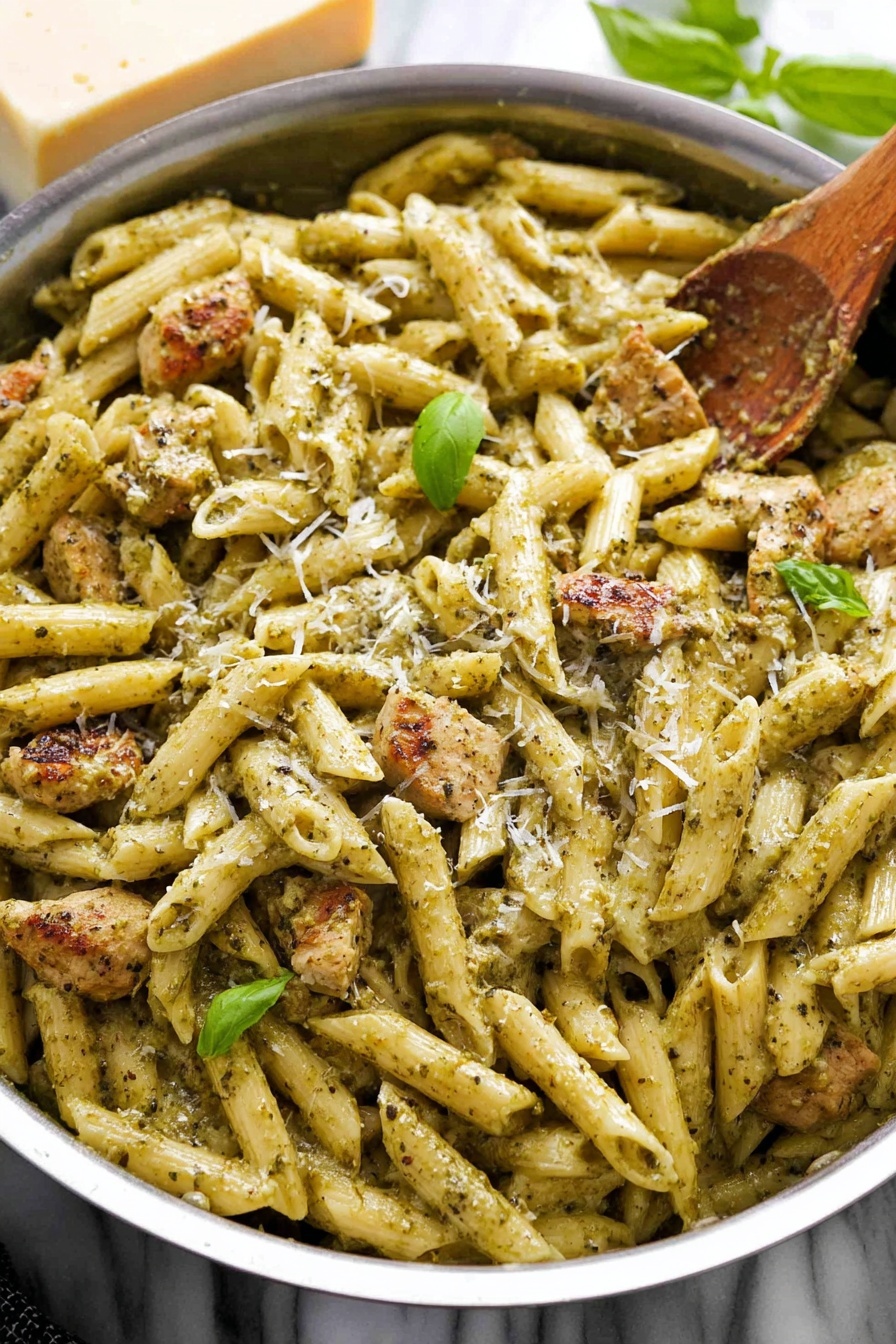 Creamy Pesto Chicken - A close-up view of a white bowl full of penne pasta that is coated in a creamy light yellow sauce with flecks of black pepper and herbs. Mixed in are small, browned pieces of cooked chicken and a few fresh green basil leaves scattered on top. The pasta looks soft and slightly shiny with a smooth texture, with some finely grated cheese sprinkled over it. A wooden spoon is lifting some pasta from the bowl, showing the sauce and chicken pieces clearly. The background is a white marbled surface. photo taken with an iphone --ar 2:3 --v 7