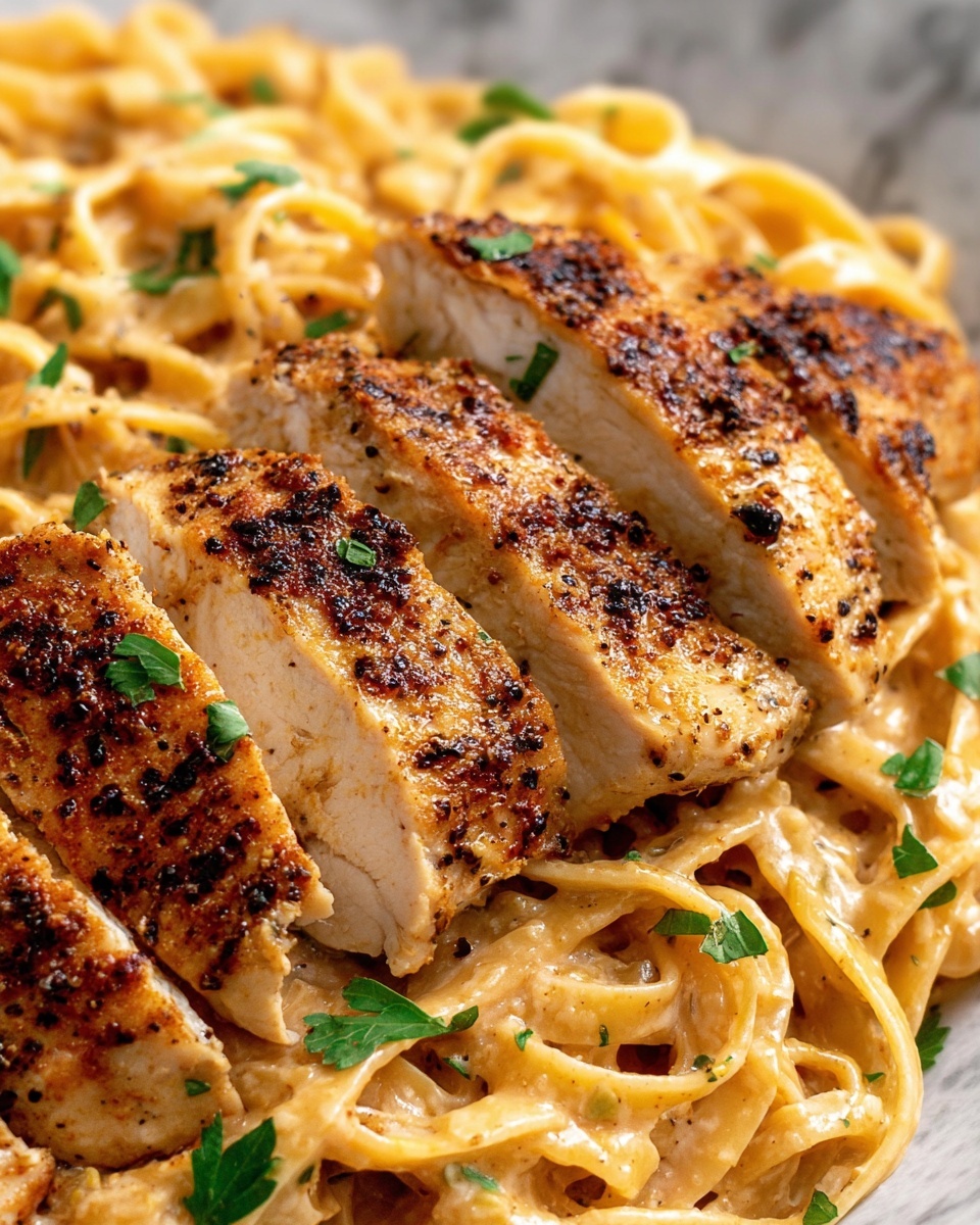 Creamy Cajun Chicken - A white pan filled with creamy light brown sauce and long, flat fettuccine noodles mixed in, covering the bottom layer. On top, there are several pieces of golden-brown grilled chicken with a slightly crispy texture and visible seasoning. Small pieces of green herbs are sprinkled over the chicken and noodles, along with finely grated white cheese. The pan is placed on a white marbled surface with a black and white striped cloth partially under it. In the top right corner, a white bowl with chopped green herbs is partially visible. photo taken with an iphone --ar 2:3 --v 7