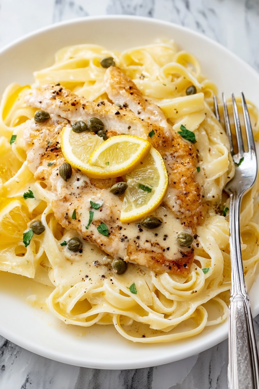 Creamy Lemon Chicken - A white plate with a bed of creamy, pale yellow fettuccine pasta at the bottom, smooth and slightly glossy, layered with a piece of golden-brown cooked chicken on top. The chicken is covered with a light, creamy sauce that has small green capers and black pepper sprinkled all over. At the top edge of the chicken, there are thin lemon slices, one lemon wedge placed near the center. There are small bits of green herbs scattered around, adding a fresh touch. The plate is set on a white marbled surface with a metal fork resting on the right side of the plate. Photo taken with an iphone --ar 2:3 --v 7