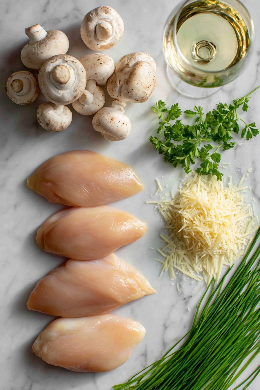 Chicken with Creamy Mushroom Sauce - Flat lay of four raw boneless, skinless chicken breasts with a smooth pale pink surface, fresh whole white mushrooms with clean creamy caps and brown gills, three plump garlic cloves with papery white skins and a slight sheen, a small pile of finely grated Parmesan cheese in pale yellow shreds, bright green fresh parsley sprigs with delicate leaves, a small bunch of vibrant green chives with long slender stalks, and a clear glass of white wine showing pale golden liquid, all beautifully arranged with natural spacing and soft shadows, placed on white marbled surface, photo taken with an iphone --ar 2:3 --v 7