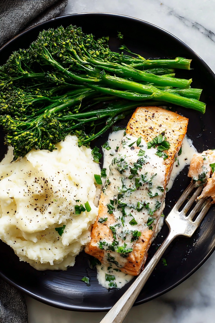 Creamy Garlic Salmon - A close-up of two pieces of cooked salmon fillets with a golden brown crust, placed side by side in a pan. A creamy white sauce with green herb bits is being poured over the top fillet from a spoon, covering part of its surface. The sauce pools around the fish, and chopped fresh green herbs are sprinkled across the salmon and sauce. The pan has a dark edge, and the focus is on the rich textures of the fish and sauce. Photo taken with an iphone --ar 2:3 --v 7