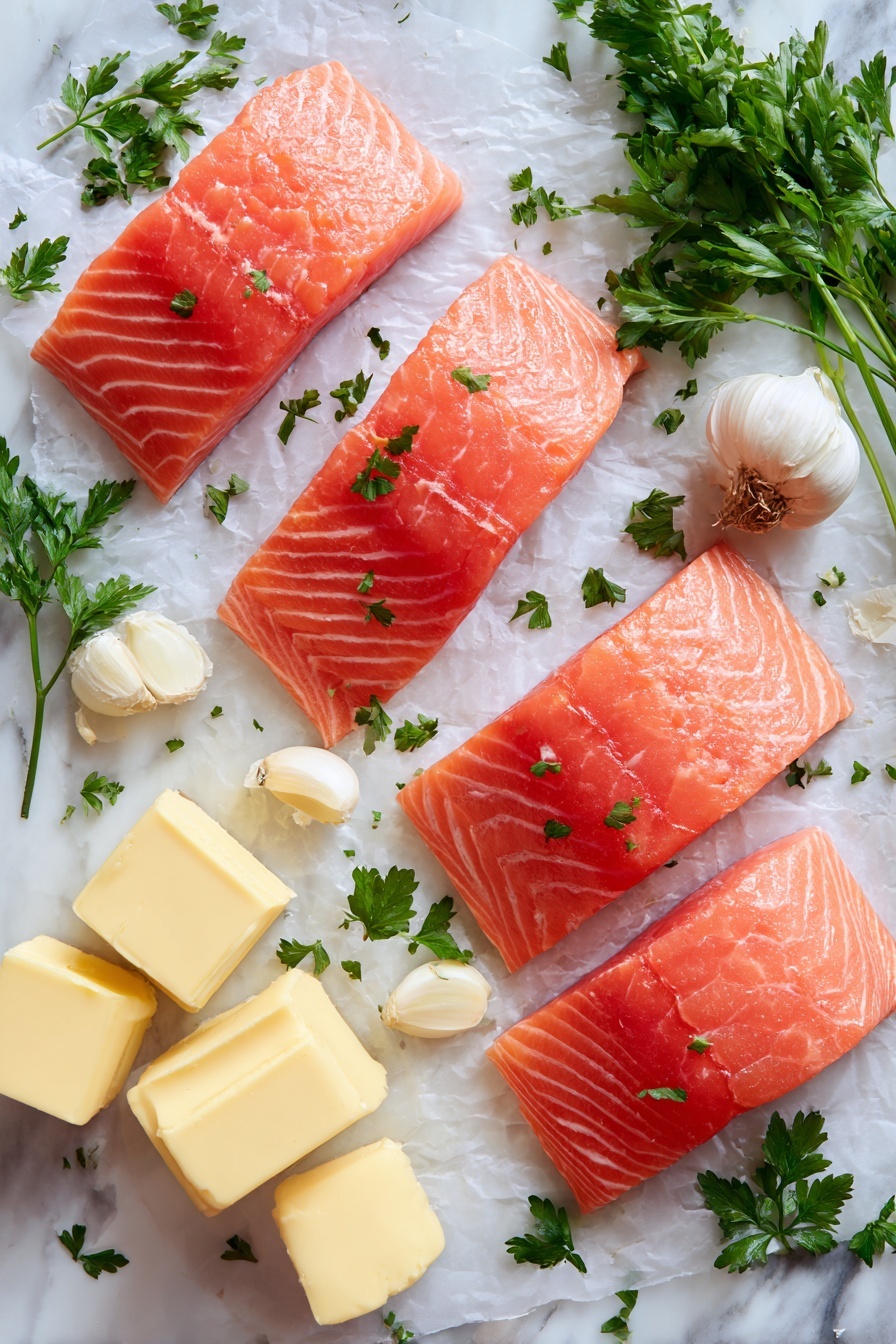Creamy Garlic Salmon - Flat lay of four fresh, vibrant pink salmon fillets with smooth, shiny skin, surrounded by plump, creamy white garlic cloves, rich golden butter blocks with a soft texture, bright green parsley sprigs with delicate leaves, and a wedge of pale yellow Parmesan cheese with a slightly crumbly surface, all arranged naturally with scattered garlic cloves and parsley leaves adding freshness and color contrast, placed on white marbled surface, photo taken with an iphone --ar 2:3 --v 7