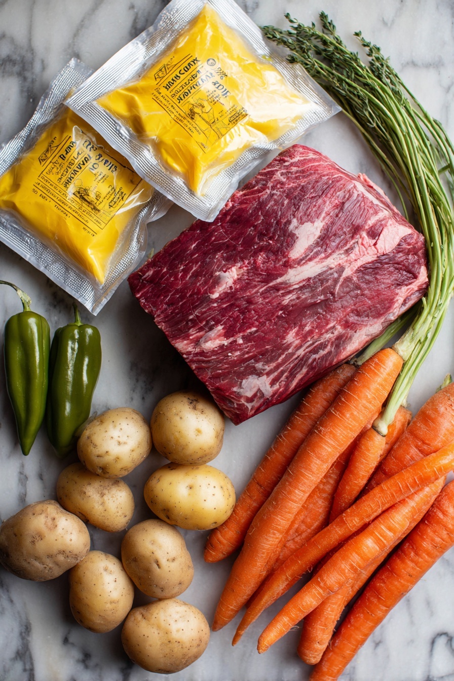 Mississippi Pot Roast - Flat lay of a thick, marbled chuck roast with deep red and rich brown hues, bright yellow packets of ranch dressing mix and au jus gravy mix, several glossy green pepperoncini peppers with smooth skin, a few small, round baby potatoes with light brown, textured skins, vibrant orange baby carrots with fresh green tops, and a few pats of creamy pale yellow butter, all beautifully arranged in a natural, slightly scattered pattern, placed on white marbled surface, photo taken with an iphone --ar 2:3 --v 7