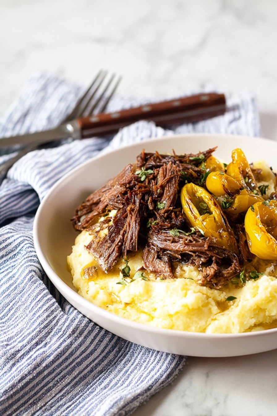Mississippi Pot Roast - The image shows a white bowl filled with creamy mashed potatoes forming the bottom layer, soft and slightly textured in a pale yellow color. On top, there is a generous layer of shredded brown meat with a roasted texture, sprinkled with small green herb pieces. Alongside the meat are several halves of roasted yellow peppers, their surfaces slightly charred and glossy. The bowl is placed on a folded blue and white striped cloth, resting on a white marbled surface. A fork with a dark wooden handle lies beside the cloth, and the background is softly blurred. photo taken with an iphone --ar 2:3 --v 7