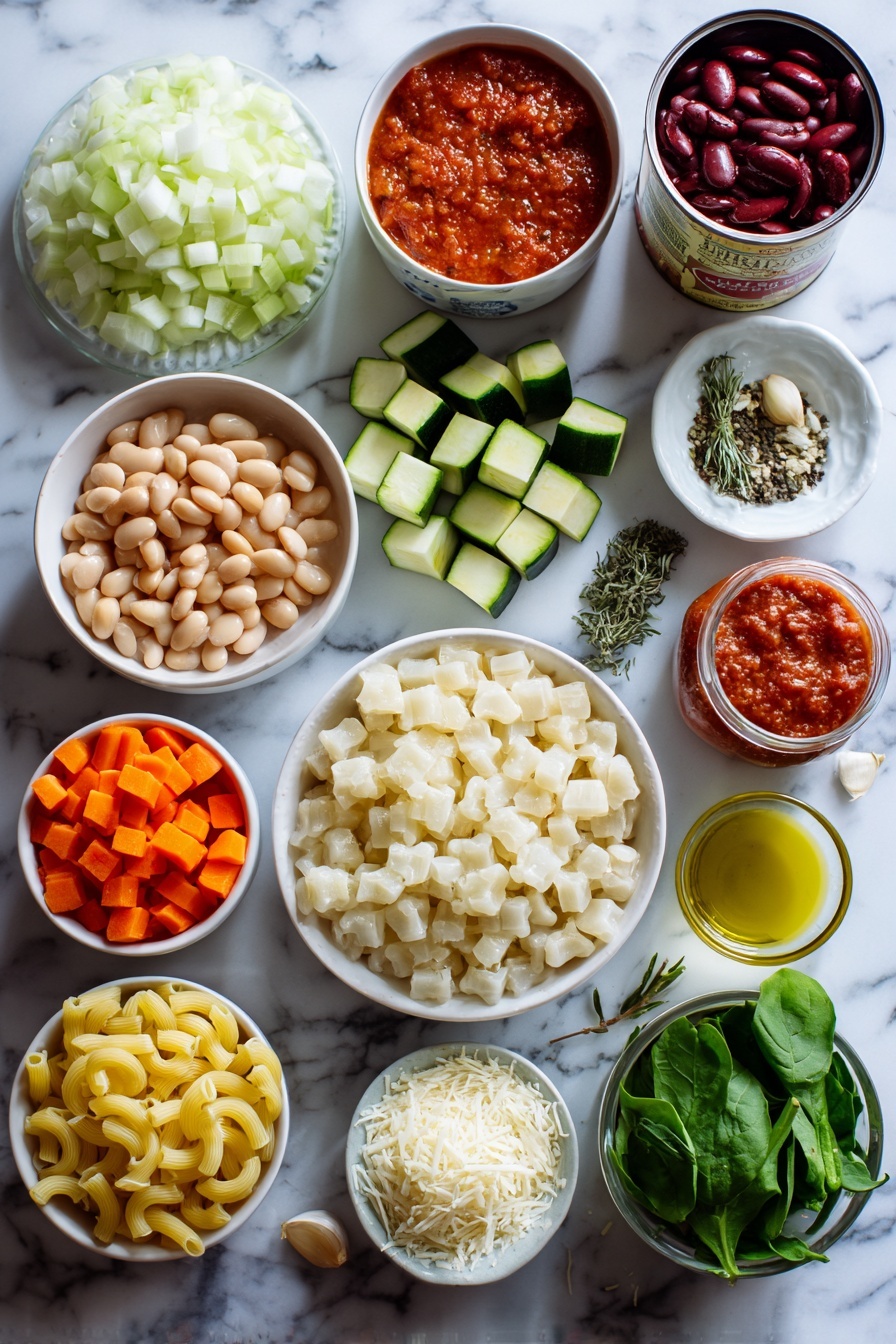Flat lay of a medium white onion diced, three medium celery ribs chopped, four medium carrots diced, three medium zucchini diced, a small bowl of minced garlic, a large can of diced tomatoes with juice, two medium cans of tomato sauce and beans—one white cannellini and one kidney, a bunch of dried basil and oregano sprigs, a small pile of elbow macaroni pasta, a handful of fresh baby spinach leaves, a small pat of salted butter, a small dish of olive oil, and a small mound of grated parmesan cheese placed on a white marble surface, photo taken with an iphone --ar 2:3 --v 7