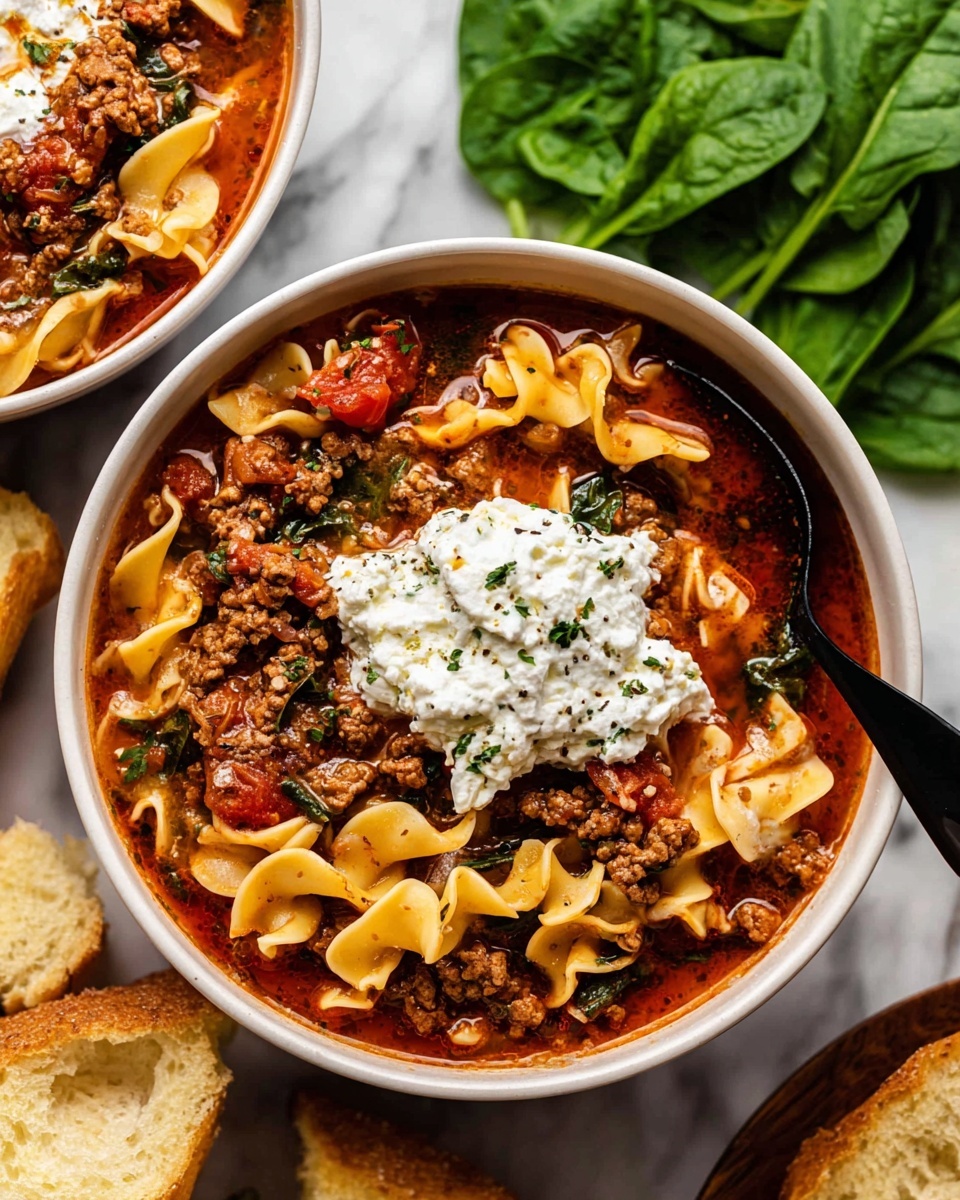 A white bowl filled with layers of ruffled yellow pasta, rich red tomato chunks, and browned ground meat. On top, there is a creamy white layer of cheese mixed with herbs. A black fork lifts a bite-sized portion showing all the layers together, with the pasta and meat coated in a slightly glossy sauce. In the blurred background, there are two more white bowls, one with more of the pasta dish and another with white cottage cheese on a white marbled surface. Photo taken with an iphone --ar 2:3 --v 7
