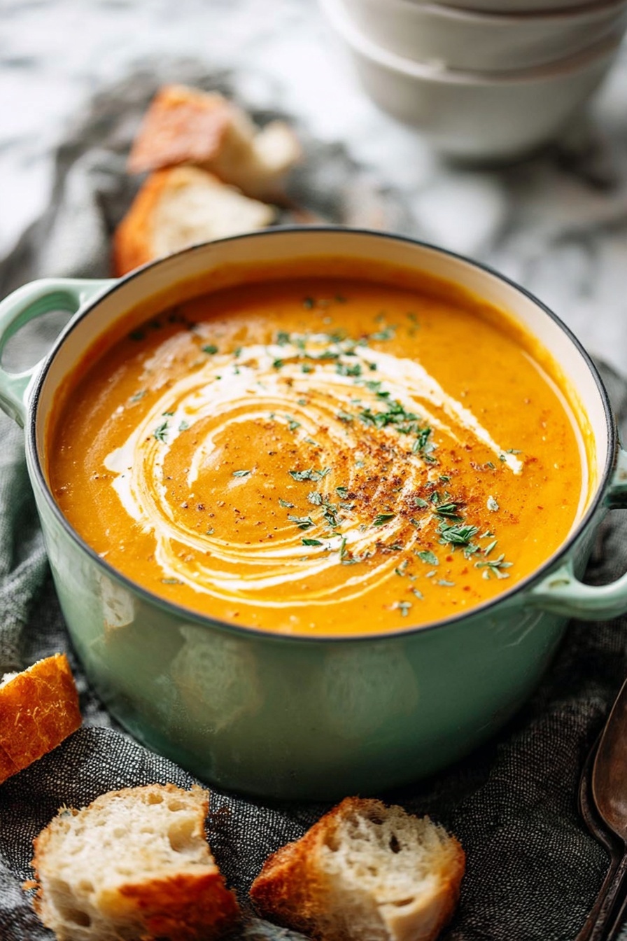 A light green pot filled with bright orange creamy soup sits on a textured gray cloth. The soup has a swirl of white cream on top, creating a spiral pattern near the center. Green herbs and a sprinkle of brown spices are scattered over the cream. Around the pot, torn pieces of crusty bread with a golden-brown crust and soft inside are scattered casually. The background is a white marbled surface with a stack of white bowls blurred in the back. Photo taken with an iphone --ar 2:3 --v 7