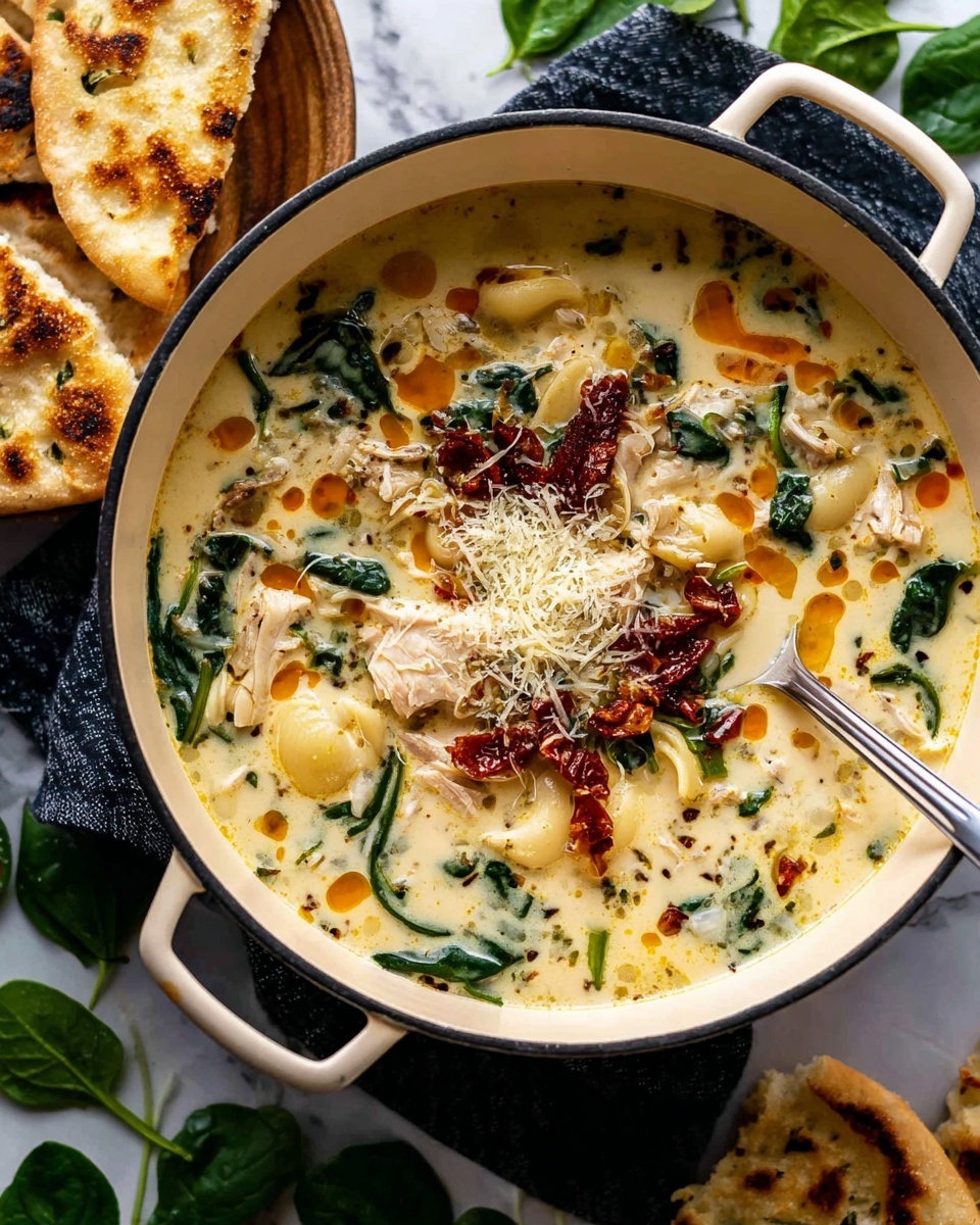 The image shows a white pot filled with creamy soup that has multiple layers. The base layer is thick and creamy with a pale yellow color. Floating in the soup are small white beans, pieces of chicken, and dark green spinach leaves scattered throughout. On top, there are drops of bright orange oil and chunks of sun-dried tomatoes adding a deep red contrast. The soup is sprinkled with a light dusting of grated cheese in the center. A silver spoon is placed inside the pot. Around the pot, pieces of toasted flatbread with golden brown spots rest on a dark cloth, and fresh green spinach leaves are scattered on a white marbled surface beneath. Photo taken with an iphone --ar 2:3 --v 7