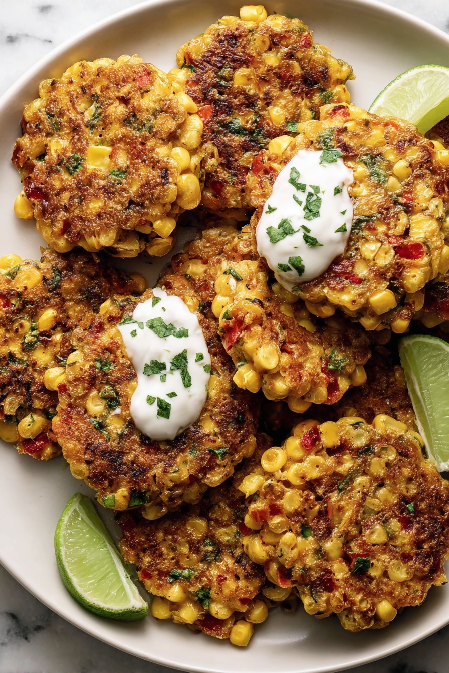 The image shows several golden-brown corn fritters arranged closely on a white marbled surface. Each fritter has a rough, textured look with visible corn kernels mixed with small pieces of red pepper and green herbs, giving them a colorful and fresh appearance. Two of the fritters are topped with a generous dollop of white creamy sauce, which looks smooth and slightly thick with bits of herbs in it. A bright green lime wedge with textured skin is placed near the fritters, adding a pop of fresh color to the scene. The overall lighting is natural and warm, highlighting the crispy edges and vibrant ingredients in the fritters. Photo taken with an iphone --ar 2:3 --v 7