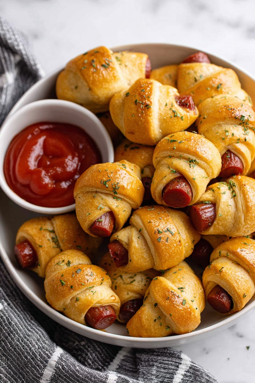 A white plate holds a pile of small golden-brown crescent rolls wrapped around dark reddish-brown mini sausages, with a light sprinkle of green herbs on top. The crescent rolls have a shiny, smooth texture showing clear layers of dough wrapping each sausage tightly. At the back, there's a blurred view of two small white bowls, one with creamy light yellow dip and the other with bright red sauce. The whole setup is on a white marbled surface with a folded white and black patterned cloth near the plate. photo taken with an iphone --ar 2:3 --v 7