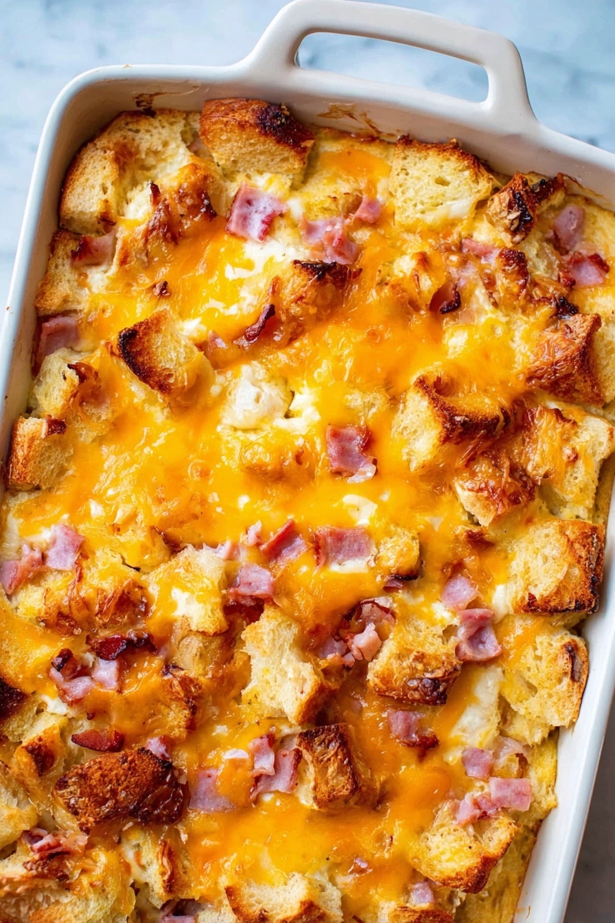 This image shows a white ceramic baking dish filled with a breakfast casserole. The top layer is covered with melted bright orange cheddar cheese. Below the cheese, there are small pieces of light pink ham scattered evenly. Large chunks of toasted bread with a golden-brown crust form the main body of the casserole, mixed with a creamy egg base that is slightly visible between the bread pieces. The texture looks soft and dense inside while the edges show some crispiness. The dish is placed on a white marbled surface. Photo taken with an iphone --ar 2:3 --v 7