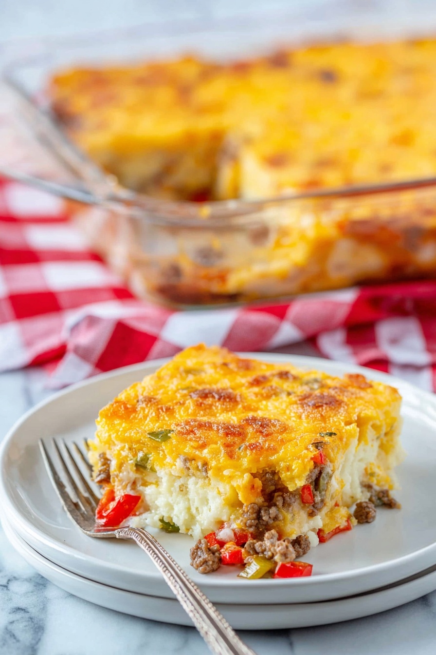 A close-up of a single square slice of casserole on a white plate with soft mashed potato layer at the bottom mixed with small bits of green and red vegetables, topped by a textured, golden-yellow baked cheese layer with small browned spots, and mixed in browned ground meat and scattered red peppers, with a metal fork resting on the plate partly under the casserole; behind the plate, a larger glass baking dish filled with the same casserole is slightly out of focus, all set on a white marbled surface with a red and white checkered cloth in the background, photo taken with an iphone --ar 2:3 --v 7