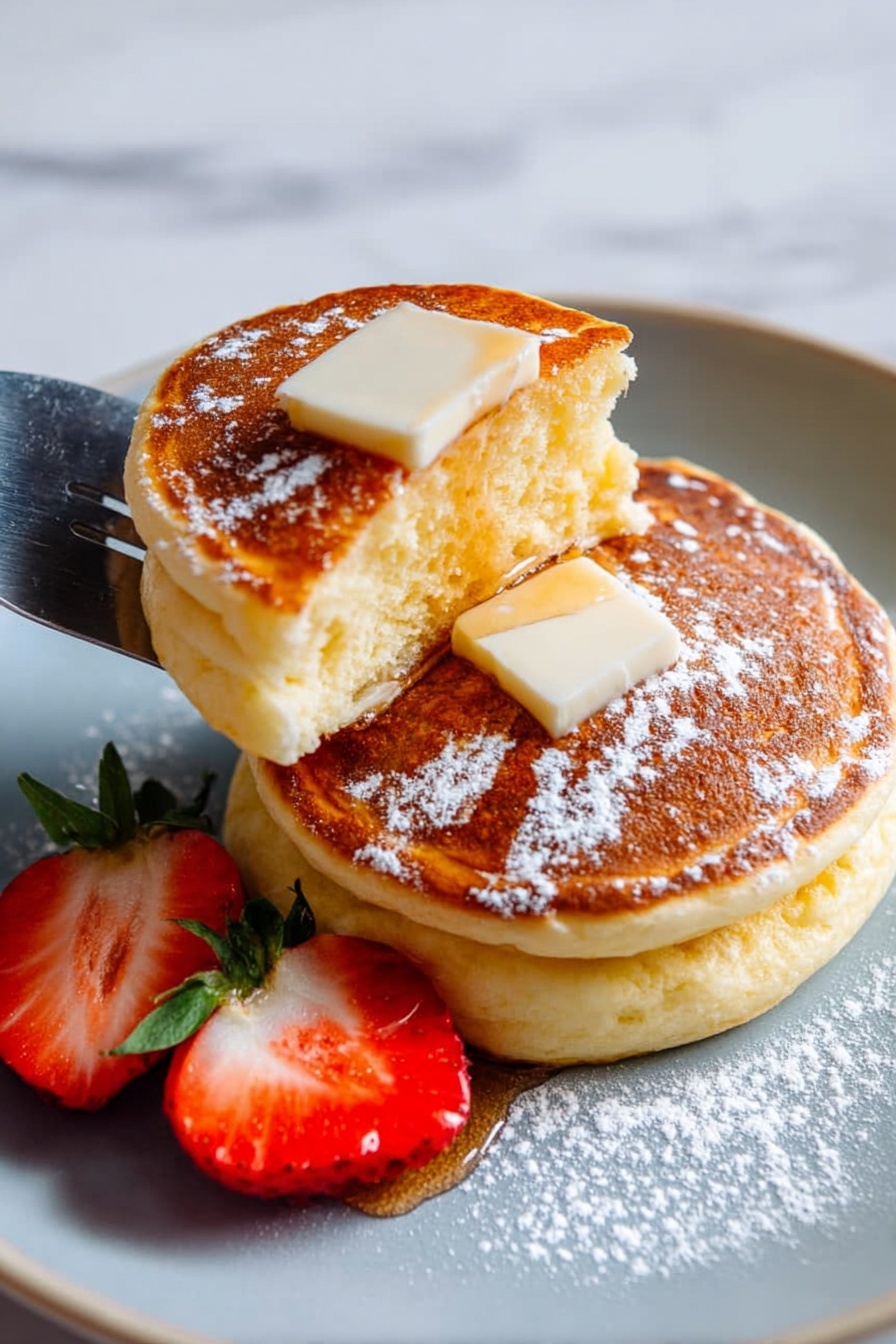 A stack of two thick, fluffy pancakes with a golden brown top layer sits on a white plate. The top pancake has a small square of melting butter in the center and is sprinkled with fine white powdered sugar. Next to the pancakes on the plate are fresh red strawberry halves with green leaves. A silver spatula is lifting the top pancake, showing its soft and light texture. The plate rests on a white marbled surface. photo taken with an iphone --ar 2:3 --v 7