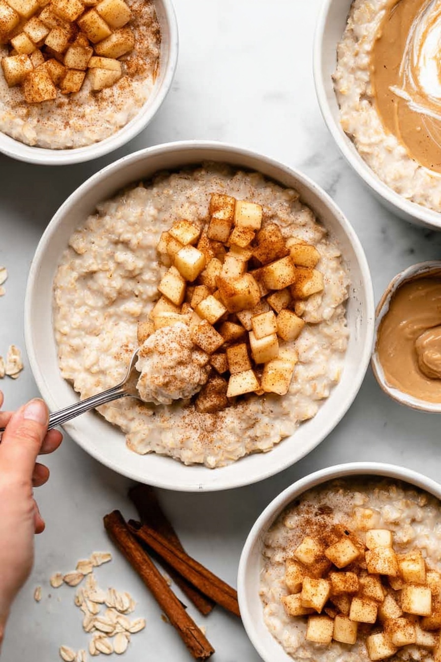 The image shows three white bowls filled with a creamy beige oatmeal base. The oats have a thick, smooth texture with some small bits visible in the mixture. Each bowl holds a layer of small, diced apple pieces cooked to a golden brown color and placed on top of the oatmeal, sprinkling some cinnamon or spice powder over them. One bowl has a swirl of light brown almond butter mixed at the edges. A woman's hand holding a spoon is dipping into one of the bowls, lifting some oatmeal and apple pieces. Around the bowls, there are scattered raw oats and cinnamon sticks resting on a white marbled surface. photo taken with an iphone --ar 2:3 --v 7