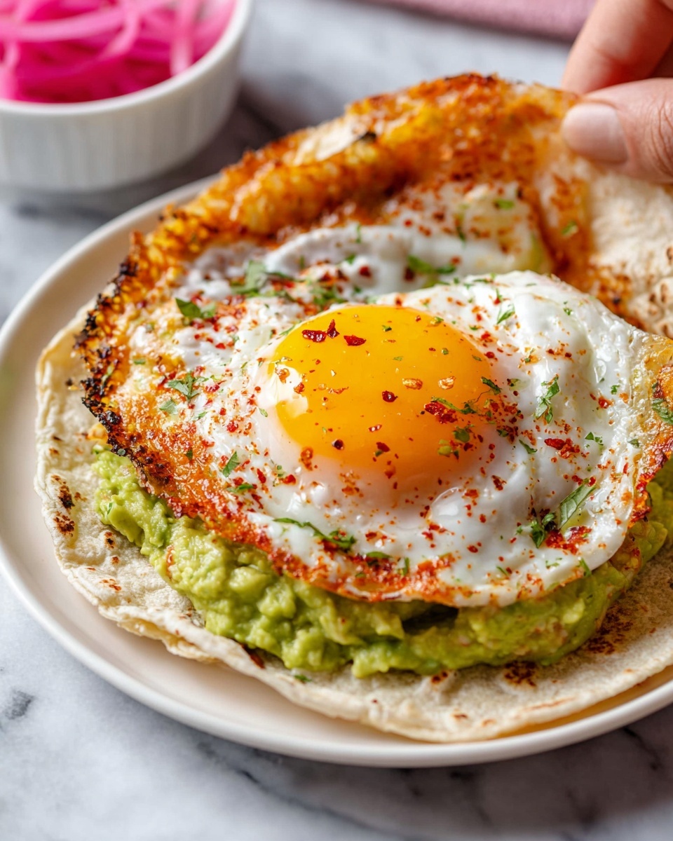 The dish shows one layer of green mashed avocado spread thinly on the bottom, topped with a crispy, golden-brown cheese layer that has a bubbly texture. On top of this is a bright white fried egg with a large, round, glossy orange yolk in the center. Scattered on the egg are dried herbs and crushed red pepper flakes. There are a few thin, curly slices of pink pickled onions placed on one side of the egg. All of this is served on a white plate set against a white marbled background. Photo taken with an iphone --ar 2:3 --v 7