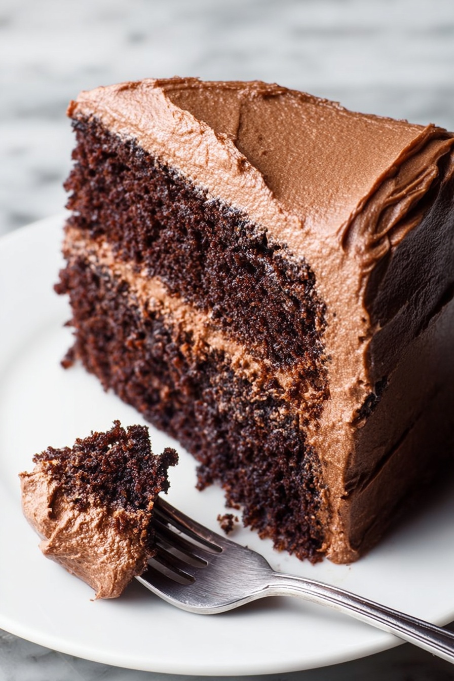 A slice of chocolate cake with two thick layers of dark brown, moist cake separated by a generous layer of smooth, creamy light brown chocolate frosting. The outside of the slice is fully covered in the same light brown frosting, which looks soft and fluffy, with slight swirls on the top edges. The slice sits on a white plate with a silver fork beside it, and in the background, part of the whole cake on a white cake stand is visible on a white marbled surface. Photo taken with an iphone --ar 2:3 --v 7