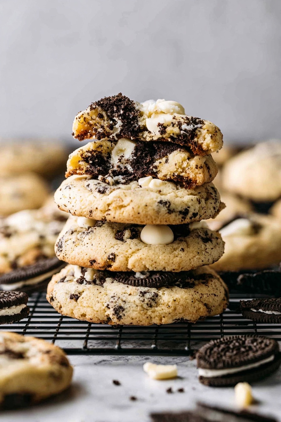 A stack of four thick cookies sits on a black cooling rack over a white marbled surface. Each cookie has a light beige base speckled with dark cookie crumbs and white chocolate chunks scattered throughout. The top cookie is broken in half, showing a soft, slightly crumbly inside with white chocolate pieces embedded. Around the rack, there are broken dark chocolate sandwich cookie pieces adding texture to the scene. The background is out of focus with more cookies visible, softly blurred. Photo taken with an iphone --ar 2:3 --v 7