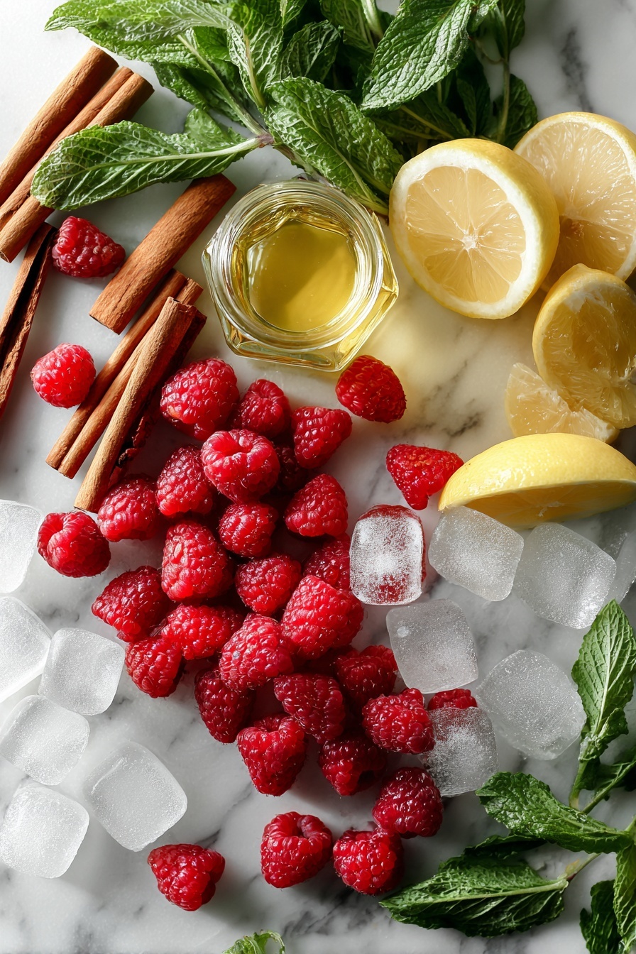 Flat lay of fresh and frozen raspberries scattered with bright lemon slices, fresh green mint leaves, a small jar of smooth half and half, cinnamon sticks arranged artfully beside a small bottle of pure vanilla extract, and a cluster of clear ice cubes, all beautifully arranged on a white marble surface, photo taken with an iphone --ar 2:3 --v 7