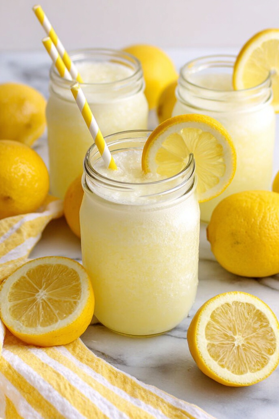 The image shows three clear glass jars filled with a pale yellow, frothy lemon drink. Each jar has a white and yellow striped paper straw, and one jar is garnished with a round lemon slice on the rim. In the foreground, there are whole lemons and lemon halves arranged on a white marbled surface, with a yellow and white striped cloth partially visible on the left. The overall scene gives a fresh, bright feeling with soft natural light photo taken with an iphone --ar 2:3 --v 7