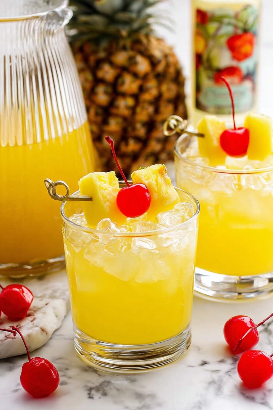 Two clear glasses filled with yellow liquid and ice cubes sit on a white marbled surface. Each glass has two bright yellow pineapple chunks and one shiny red cherry on small wooden skewers placed on top. Behind the glasses, a whole pineapple and a tall, clear liquid bottle with a colorful label are visible. To the left, a ribbed clear pitcher filled with the same yellow liquid is partly seen, along with some loose cherries scattered on the surface. The scene is bright and fresh. photo taken with an iphone --ar 2:3 --v 7