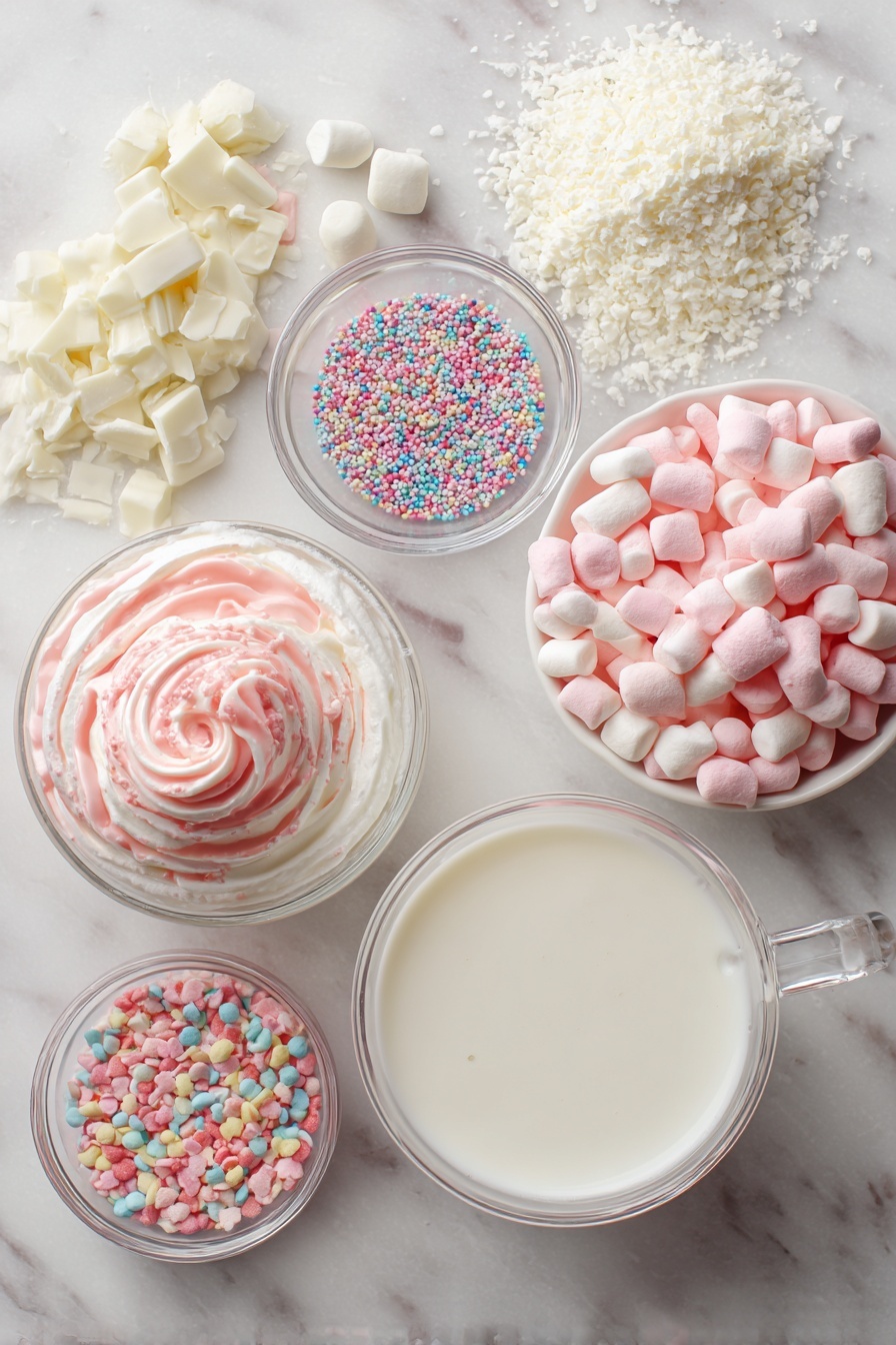 Flat lay of a small glass bowl of white hot chocolate mix, a cup of whole milk with a splash of heavy cream nearby, a small pile of white candy melts, a variety of colorful sprinkles scattered artfully, a cluster of mini marshmallows tinted softly pink and white, a dollop of fluffy whipped cream with delicate swirls of melted pink candy melts drizzled over, all arranged on a white marble surface, photo taken with an iphone --ar 2:3 --v 7