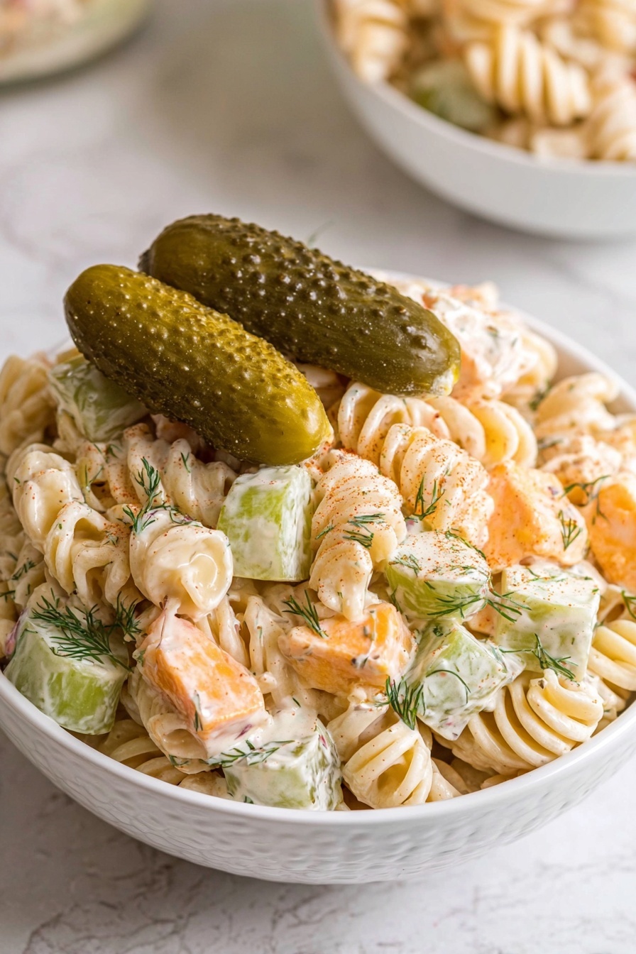 A white bowl filled with creamy pasta salad made of short twisted pasta with a light cream sauce, mixed with light orange cheese cubes, pale green celery slices, and thin pale green pickle slices, sprinkled with green dill flakes and reddish seasoning. On top of the salad, there are two large dark green pickles placed side by side. The bowl sits on a white marbled surface, and a blurry white bowl with more pasta salad is visible in the background. photo taken with an iphone --ar 2:3 --v 7