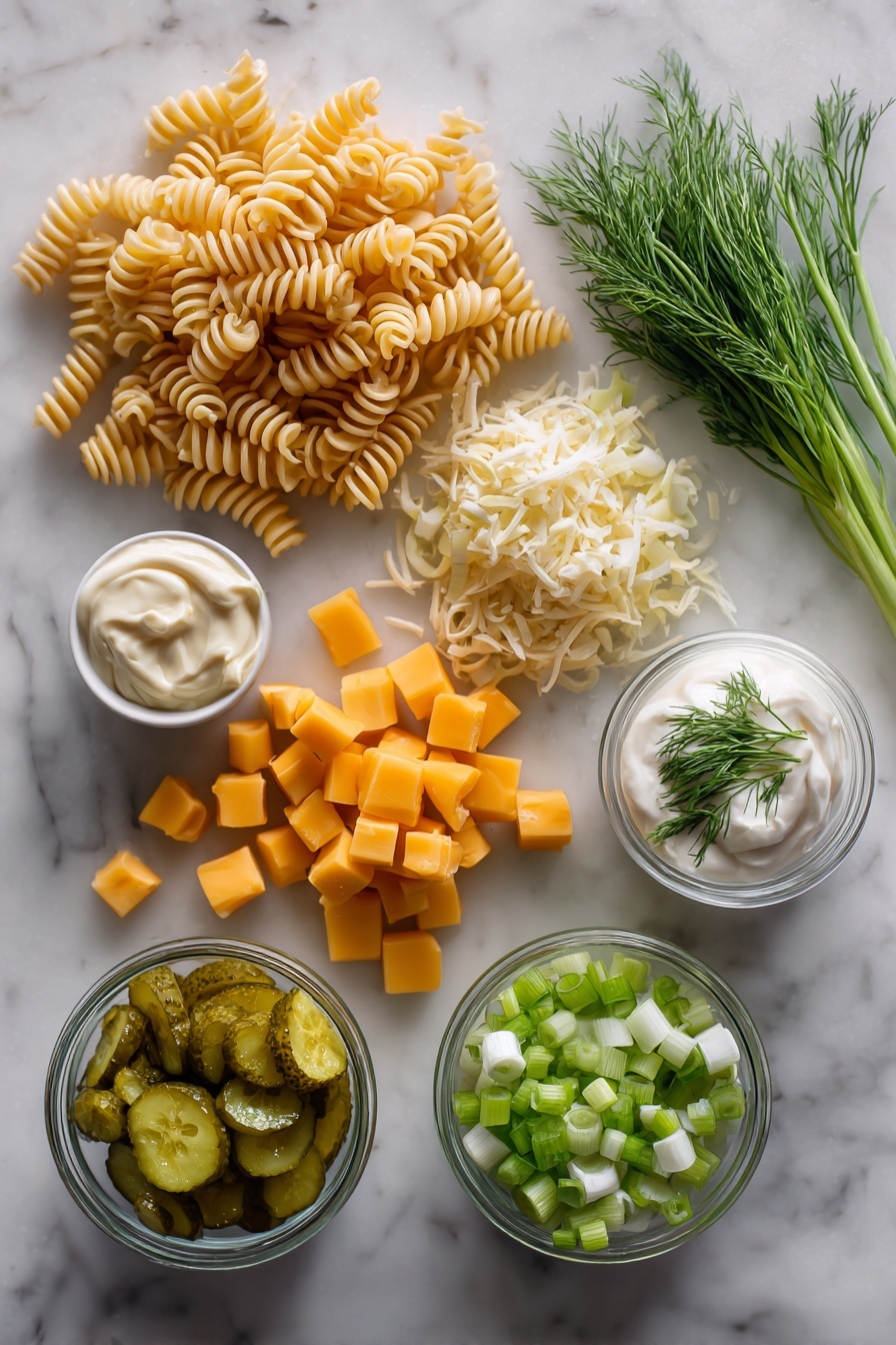 Flat lay of rotini pasta scattered to show their spiral shapes, baby dill pickles sliced thinly with bright green hues, sharp cheddar cheese diced into neat cubes with rich orange color, finely chopped sweet yellow onion pieces in pale golden tones, vibrant sliced green onions with white and green sections, fresh chopped dill with feathery green sprigs, a small glass jar of creamy mayonnaise, a bowl of smooth sour cream topped with a dill sprig, and a small amount of tangy dill pickle juice glistening gently, all beautifully arranged on a white marble surface, photo taken with an iphone --ar 2:3 --v 7