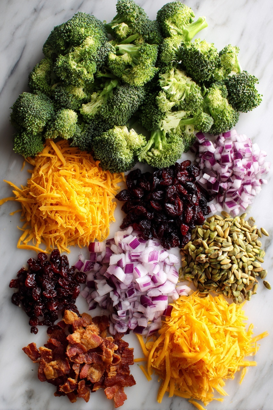 Flat lay of vibrant green broccoli florets, shredded sharp cheddar cheese in bright orange piles, deep red dried cranberries, finely diced purple-red onion, golden brown cooked and crumbled bacon pieces, and scattered pale yellow sunflower kernels, all beautifully arranged on a white marble surface, photo taken with an iphone --ar 2:3 --v 7