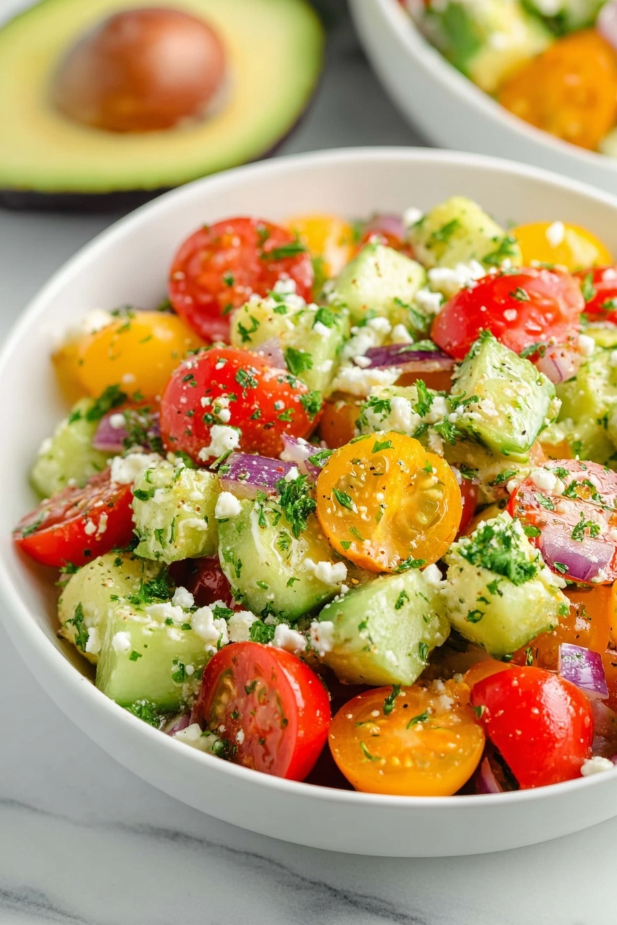 A close-up of a spoon holding a colorful salad with three main layers: bright yellow cherry tomato halves, small red cherry tomato halves, and diced pale green avocado chunks mixed with small pieces of light purple onion and white cheese crumbles, all sprinkled with chopped green herbs. The spoon is above a white bowl filled with the same salad, set on a white marbled surface. In the background, there is a blurred bunch of red cherry tomatoes and a halved avocado with a dark green outer skin. Photo taken with an iphone --ar 2:3 --v 7