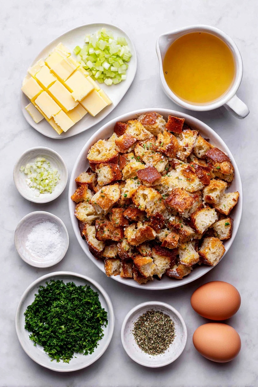 Flat lay of a large heap of homemade dried French bread cubes, a small mound of golden unsalted butter sticks, a handful of freshly chopped celery stalks, a portion of diced yellow onion, two whole clean brown eggs, a small white ceramic bowl filled with light golden chicken stock, a small white bowl containing coarse salt crystals, a small white bowl with ground black pepper, a small white bowl with poultry seasoning herbs, and a few sprigs of fresh parsley placed symmetrically, all arranged on simple white ceramic dishes placed on a clean white marble surface, soft natural light, photo taken with an iPhone, professional food photography style, fresh ingredients, white ceramic bowls, no bottles, no duplicates, no utensils, no packaging --ar 2:3 --v 7 --p awthu7i m7354615311229779997