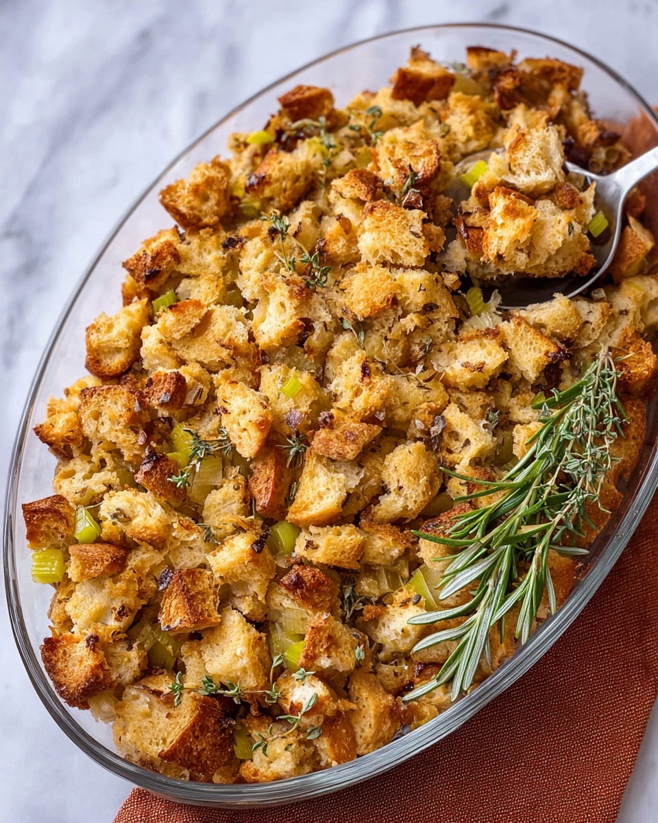 A white oval dish filled with a single layer of golden brown stuffing made of torn bread pieces mixed with small bits of green celery. The stuffing appears soft but slightly crunchy on top with some darker toasted spots. On the right side of the dish, there are fresh green sprigs of rosemary and thyme placed as garnish. The dish is set on a white marbled surface with a brown and white striped cloth partially visible underneath. photo taken with an iphone --ar 2:3 --v 7