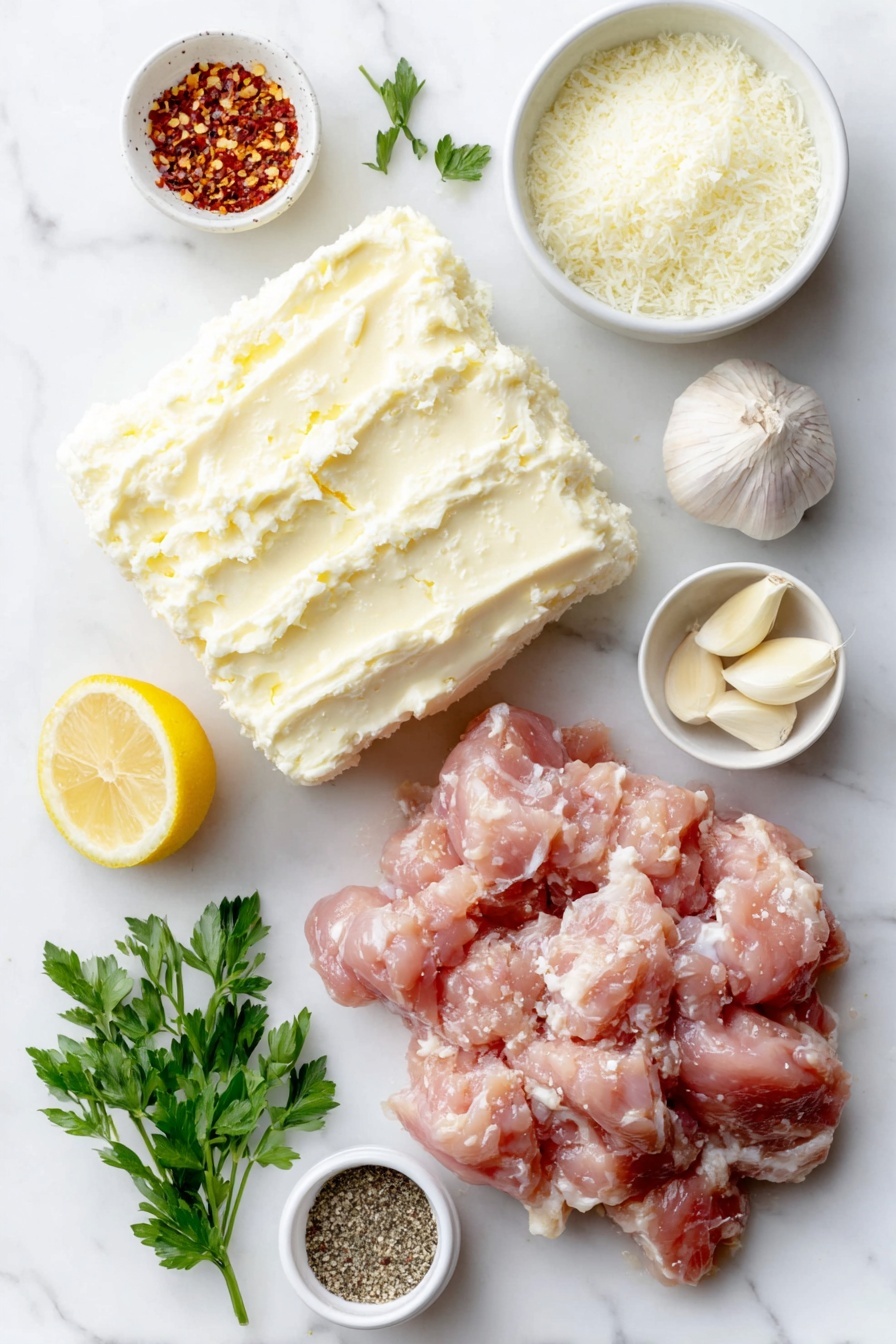 Flat lay of a small mound of softened salted butter, five peeled garlic cloves, a small white bowl filled with finely grated parmesan cheese, a whole lemon cut in half showing bright yellow flesh, a small white bowl with coarse salt, a small white bowl of red pepper flakes, a few sprigs of fresh chopped parsley, several raw boneless, skinless chicken thighs cut into thick strips, a small white bowl of black pepper, all arranged symmetrically on a clean white marble surface, soft natural light, photo taken with an iPhone, professional food photography style, fresh ingredients, white ceramic bowls, no bottles, no duplicates, no utensils, no packaging --ar 2:3 --v 7 --p awthu7i m7354615311229779997