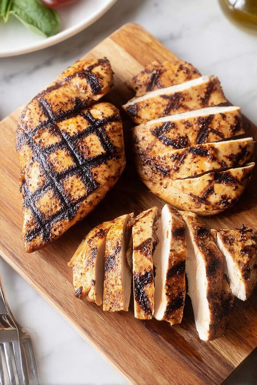 The image shows three pieces of grilled chicken placed on a smooth wooden board. One piece is whole with dark grill marks forming a diamond pattern across its golden-brown surface. The second piece is sliced into five thick strips with visible char lines, revealing the white tender meat inside. The third piece is a smaller triangular section with similar grill lines and a slightly rough texture. The wooden board rests on a white marbled surface, and the corner of a white plate with green leaves and part of a silver fork are partly visible near the edge of the frame. Photo taken with an iphone --ar 2:3 --v 7