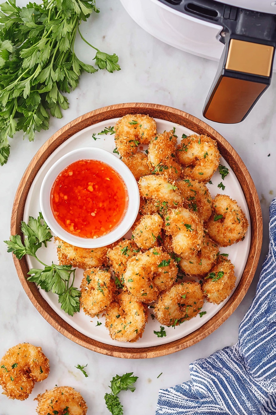 A white round plate holds a pile of golden brown crispy fried shrimp, each piece garnished lightly with small green parsley bits. The plate sits inside a wooden shallow bowl. To the left side of the plate, there is a small white bowl filled with bright red sweet chili sauce. Some crispy shrimp pieces rest on the white marbled surface beside the bowl. Fresh green parsley sprigs lie nearby, adding pops of green around the plate. At the top right, a white air fryer with a black and bronze handle is partly visible. A blue and white striped cloth is draped at the bottom right corner. The overall scene is bright and clean, focusing on the warm texture and color contrast of the shrimp against fresh herb and sauce. photo taken with an iphone --ar 2:3 --v 7