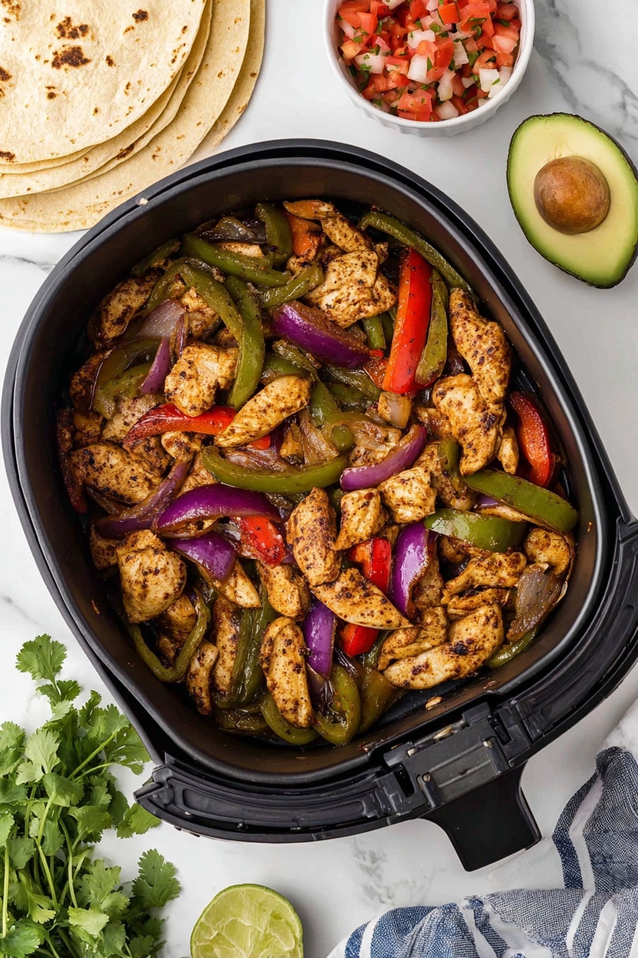 The image shows a black air fryer basket filled with cooked chicken strips mixed with green and red bell pepper slices and purple onion slices, all seasoned and slightly browned. The chicken pieces are light brown and layered evenly with the veggies, giving a colorful and textured mix of red, green, purple, and golden brown. Around the basket on a white marbled surface, there are round corn tortillas stacked on the top left, a small white bowl with chopped tomatoes, onions, and cilantro on the top right, and a halved avocado with its pit on the bottom left. A sprig of fresh cilantro and part of a blue and white striped cloth are also visible on the lower right side near the basket. photo taken with an iphone --ar 2:3 --v 7