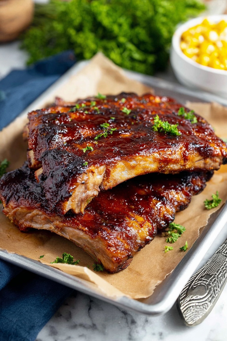 Two thick ribs layers with a shiny, dark brown grilled glaze, showing charred lines and a slightly crispy texture, are stacked on top of each other on light brown parchment paper inside a tray. The ribs have visible bones on the right side, and a deep reddish-brown sauce glistens on top. In the background, there is fresh green parsley and a white bowl with yellow corn pieces on the right side. A dark blue cloth and a silver knife with a patterned blade rest near the tray on a white marbled surface. Photo taken with an iphone --ar 2:3 --v 7
