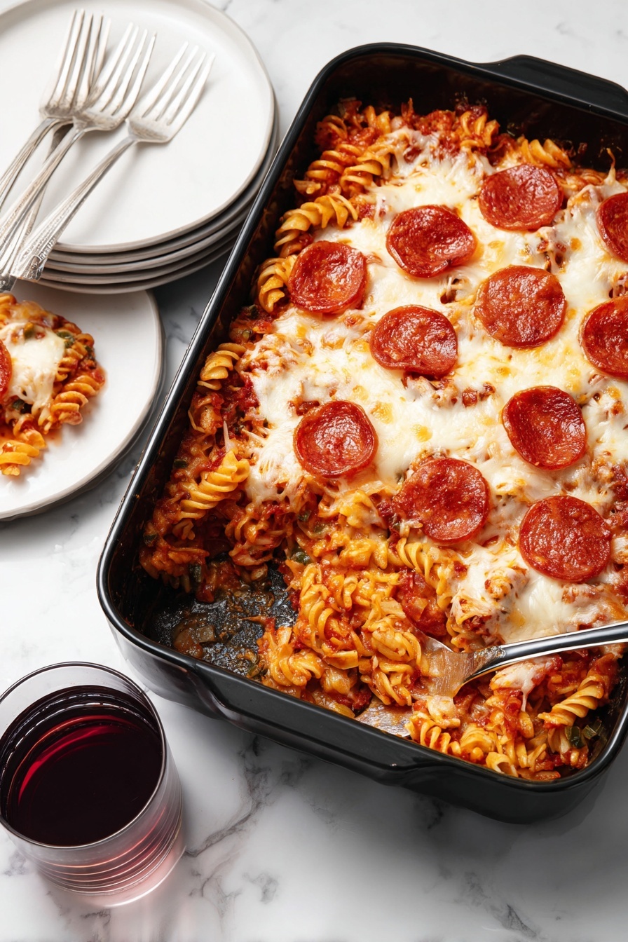 The image shows a black rectangular baking dish filled with baked pasta. The dish has three main layers visible: a base layer of red tomato sauce mixed with small green and brown pieces, a middle layer of spiral pasta coated with sauce, and a top layer covered with melted white cheese and round slices of pepperoni evenly spread across the surface. Part of the pasta has been scooped out, revealing the layered texture inside. Nearby, on the white marbled surface, two white plates are stacked with two forks on top, and a glass with a dark red drink is placed close to the bottom left corner. photo taken with an iphone --ar 2:3 --v 7