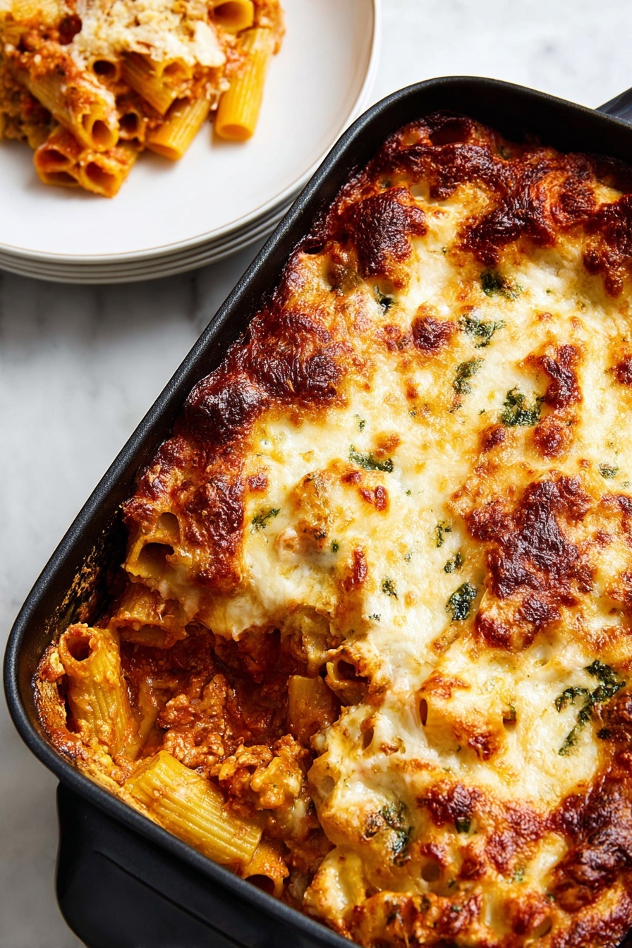 A close-up image of a black rectangular pan filled with baked rigatoni pasta covered in melted, bubbly golden-brown cheese on top. The rigatoni pasta is visible underneath the cheese layer, with a warm orange-red sauce mixed with green herbs peeking through. The dish has a thick, textured top layer of cheese with some browned spots, giving it a crispy look. In the upper left corner, a portion of pasta is served on a white plate, showing the same layers of pasta and melted cheese. The background is a white marbled surface. photo taken with an iphone --ar 2:3 --v 7