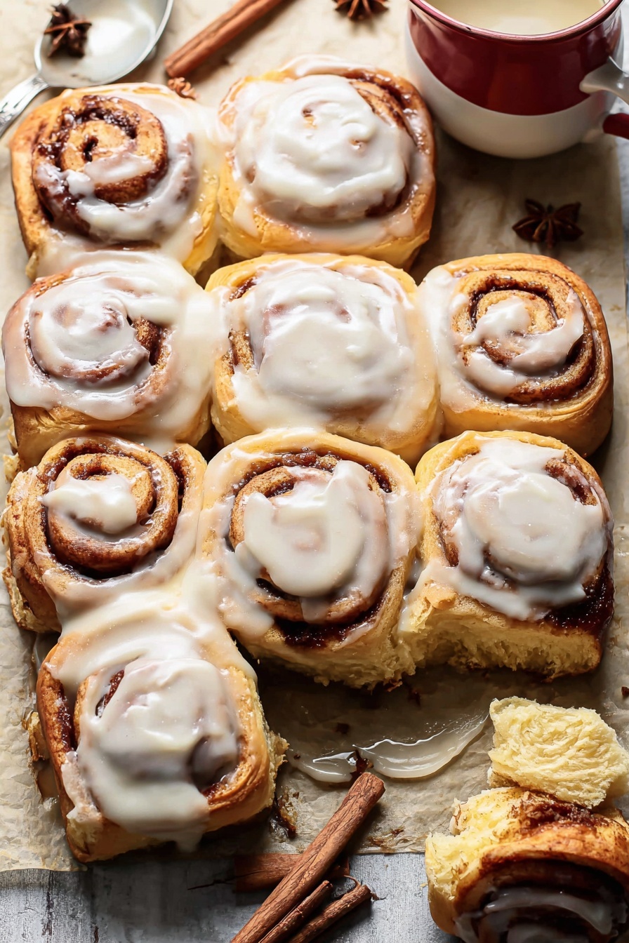 The image shows several cinnamon rolls placed close together on a tray with a white marbled texture beneath. Each roll has visible layers, with the dough in a light golden brown color swirling around the darker cinnamon filling that looks rich and slightly textured. A creamy, off-white icing is generously spread on top, partially covering the cinnamon layers and creating a smooth contrast against the rougher roll surface. In the background, there are some brown cinnamon sticks and a small part of a red container visible. photo taken with an iphone --ar 2:3 --v 7