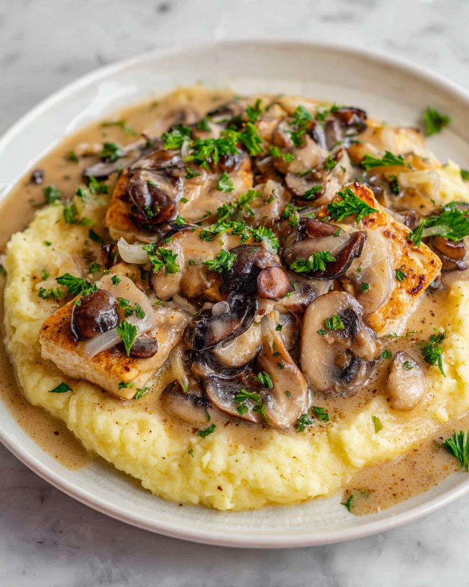 Creamy Sherry Tofu - The dish features two thick, golden-brown cooked pieces as the bottom layer, sitting on a creamy, pale yellow mashed base spread evenly on a white scalloped plate. On top, there is a generous layer of sliced brown mushrooms mixed with small onion pieces, all coated in a light creamy sauce. Green parsley leaves are scattered on top of the mushrooms and around the mashed base, adding a fresh pop of color. The plate rests on a white marbled surface. photo taken with an iphone --ar 2:3 --v 7