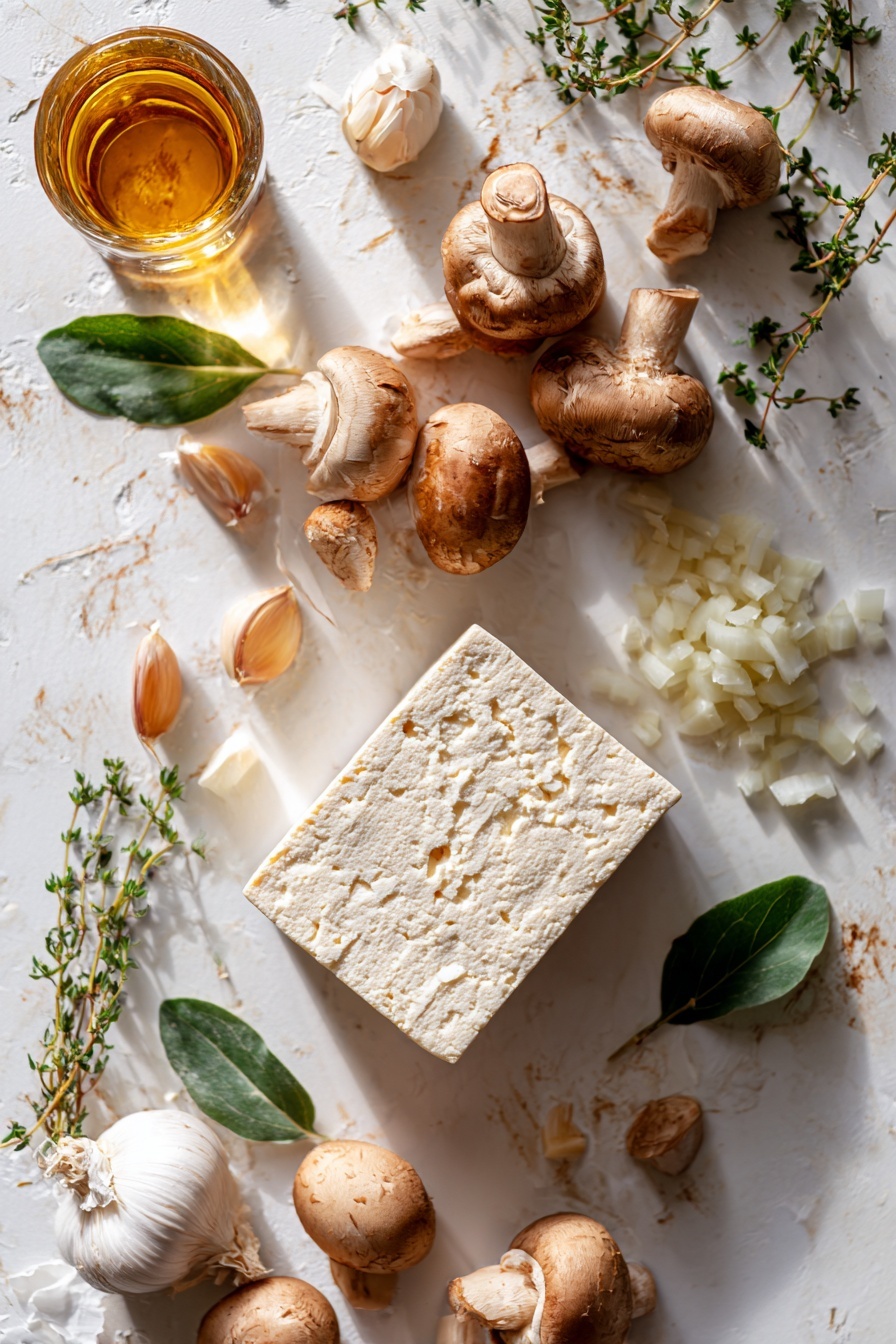 Creamy Sherry Tofu - Flat lay of a block of super firm tofu with smooth, pale white texture, a cluster of light brown cremini mushrooms with a velvety surface, a small pile of finely diced white onion, fresh whole garlic cloves with papery white skin, a scattering of golden butter chunks, a small glass of clear amber dry sherry, and a few sprigs of green Italian herbs with delicate leaves, all naturally arranged with slight overlaps and shadows, placed on white marbled surface, photo taken with an iphone --ar 2:3 --v 7
