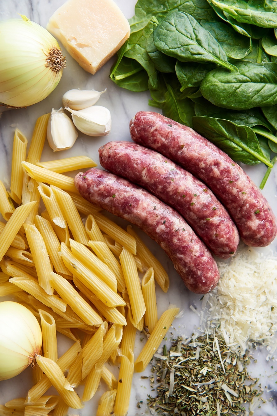 creamy sausage pasta - Flat lay of fresh Italian sausage in rich reddish-brown tones with visible herbs, plump dry penne pasta in a pale yellow shade, a halved bright yellow onion with soft translucent layers, peeled garlic cloves with smooth white skins, vibrant dark green baby spinach leaves tightly packed, a small mound of finely grated pale ivory Parmesan cheese, and a small bundle of dried Italian seasoning herbs with muted green and brown hues, all beautifully arranged with natural spacing and slight overlapping to create texture contrast, placed on white marbled surface, photo taken with an iphone --ar 2:3 --v 7