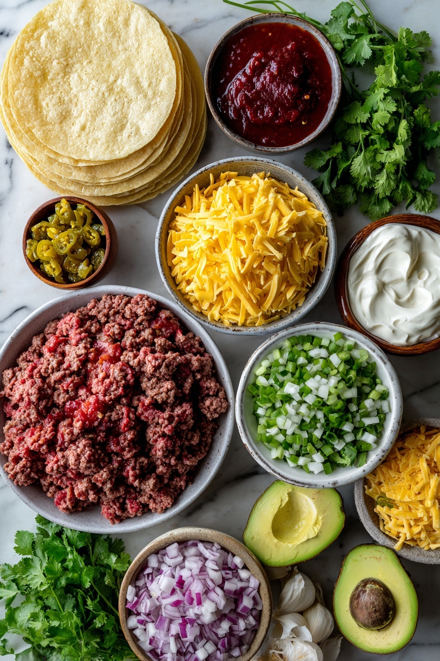 Beef Enchiladas - Flat lay of fresh ground beef with rich red tones, diced bright yellow onion cubes, vibrant green diced chiles, glossy deep red tomato paste dollops, golden shredded Mexican cheese blend, smooth pale yellow corn tortillas stacked, creamy white sour cream dollops, vivid green cilantro sprigs, and ripe avocado slices with soft green flesh, all naturally arranged with some scattered chopped red onions and sliced green onions, placed on white marbled surface, photo taken with an iphone --ar 2:3 --v 7