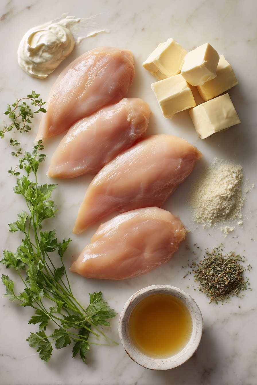 Creamy Cajun Chicken - Flat lay of boneless, skinless chicken breasts seasoned with vibrant red Cajun spice and smoked paprika, fresh bright green parsley leaves scattered gently nearby, smooth cloves of garlic with their papery white skins intact, a small heap of rich red tomato paste, wedges of fresh lemon showing their bright yellow flesh, a handful of grated Parmesan cheese with its creamy, snowy texture, and a bundle of uncooked fettuccine pasta with its pale golden strands, all beautifully arranged on a white marbled surface, photo taken with an iphone --ar 2:3 --v 7