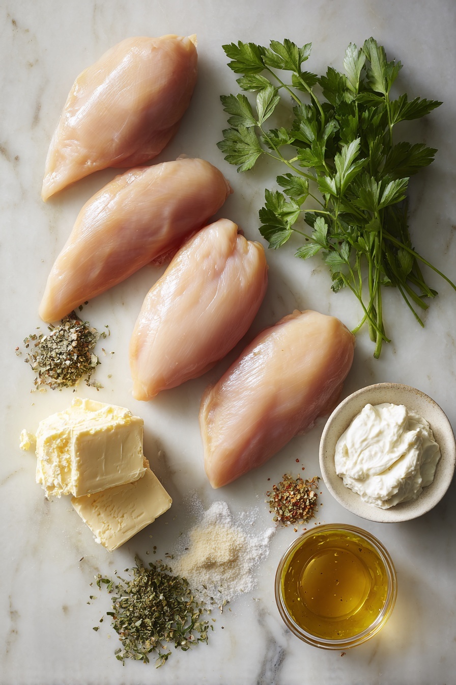 Creamy Ranch Chicken - Flat lay of four raw boneless, skinless chicken breasts with smooth, pale pink flesh, a few sprigs of fresh green parsley with delicate leaves, a small pile of creamy white sour cream with a soft texture, a mound of light golden butter blocks with a glossy surface, a scattering of dried Italian seasoning herbs in muted green and brown hues, a heap of fine white garlic powder, and a small dish of chicken broth with a clear amber tone, all beautifully arranged in natural clusters with gentle shadows and highlights, placed on white marbled surface, photo taken with an iphone --ar 2:3 --v 7