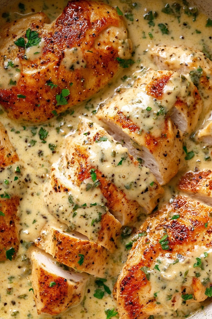 Creamy Ranch Chicken - The dish shows a white plate with three main parts: on the left, there is a pile of creamy mashed potatoes with a soft, smooth texture and light cream color; on top of the potatoes, there are five pieces of golden-brown grilled chicken sliced in strips with herb seasoning visible on the surface, all covered with a rich, beige creamy gravy sprinkled with small green herbs; to the right side of the plate, there is a neat stack of bright green cooked green beans with a fresh and slightly shiny texture, lightly sprinkled with ground pepper. A silver fork rests on the bottom left edge of the plate, and the plate is placed on a white marbled surface. Photo taken with an iphone --ar 2:3 --v 7