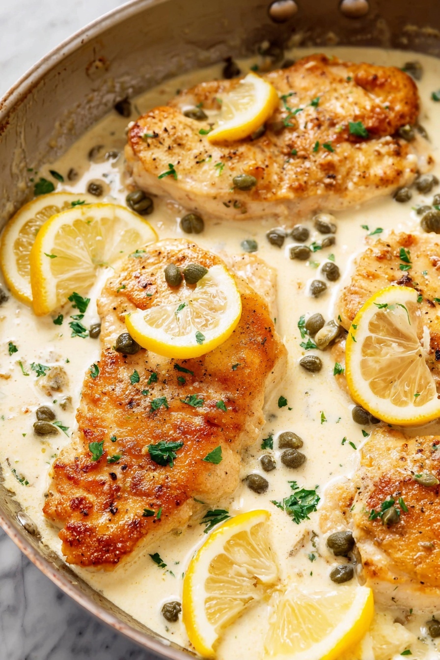 Creamy Lemon Chicken - The image shows several pieces of golden-brown cooked chicken in a creamy white sauce inside a pan. The chicken pieces have a slightly crisp texture on the outside with some slices showing juicy interior. The sauce is thick and creamy, speckled with small green capers and chopped parsley. Thin slices of bright yellow lemon are placed around the chicken, adding color and freshness. The background surface is a white marbled texture. photo taken with an iphone --ar 2:3 --v 7