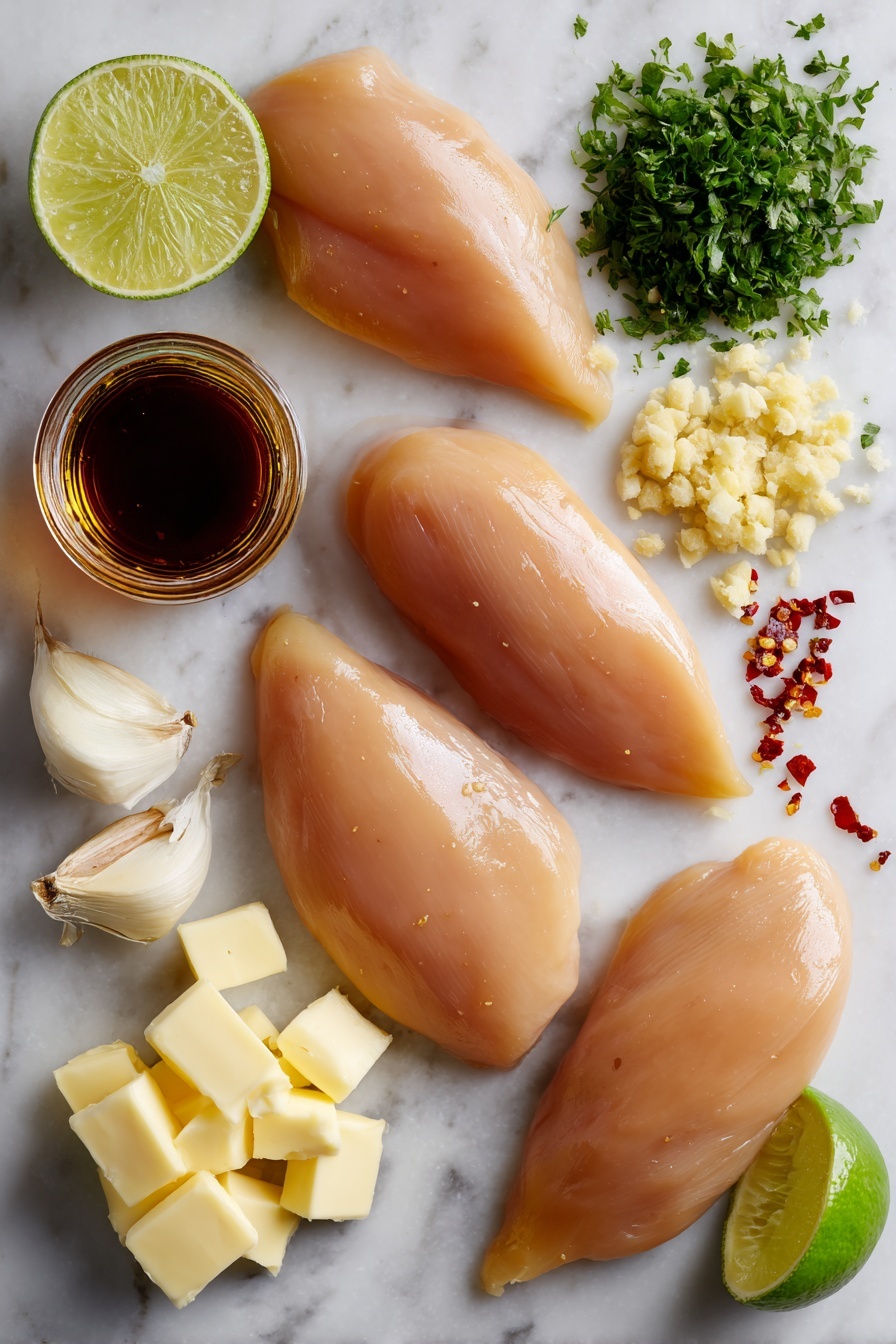 honey garlic chicken - Flat lay of four raw boneless, skinless chicken breasts with a smooth, pale pink texture, scattered golden cloves of fresh garlic, a small mound of creamy pale yellow butter cubes, a small jar of rich amber honey glistening in the light, a glossy pool of dark soy sauce, a halved fresh lime showing its bright green rind and juicy interior, a small heap of finely chopped vibrant green parsley, and a few bright red chili flakes sprinkled naturally among the ingredients, placed on white marbled surface, photo taken with an iphone --ar 2:3 --v 7